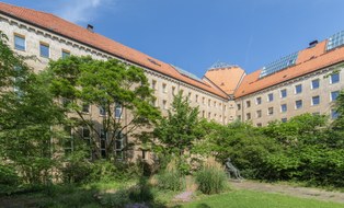  Rückseite des Hülße-Baus der TU Dresden. Im Innenhof befindet sich eine große Wiese mit zahlreiche Pflanzen und einigen Bäumen. 