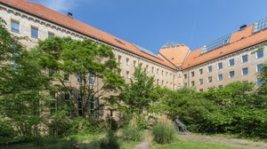  Rückseite des Hülße-Baus der TU Dresden. Im Innenhof befindet sich eine große Wiese mit zahlreiche Pflanzen und einigen Bäumen. 