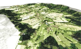 graphiche Darstellung einer Offenlandschaft mit Dorf und Feldern und Bäumen am Bildrand