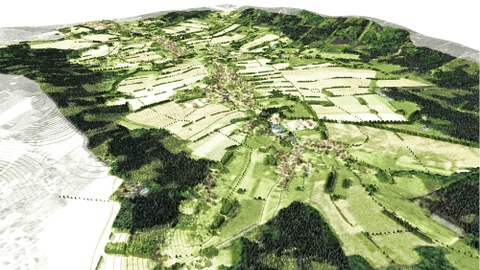 graphiche Darstellung einer Offenlandschaft mit Dorf und Feldern und Bäumen am Bildrand