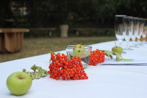 Foto einer Tischdeko mit Vogelbeeren und Apfel
