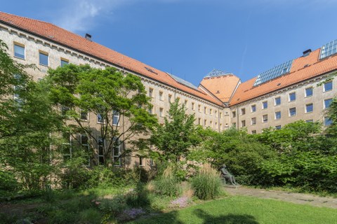 Rückseite des Hülße-Baus der TU Dresden. Im Innenhof befindet sich eine große Wiese mit zahlreiche Pflanzen und einigen Bäumen