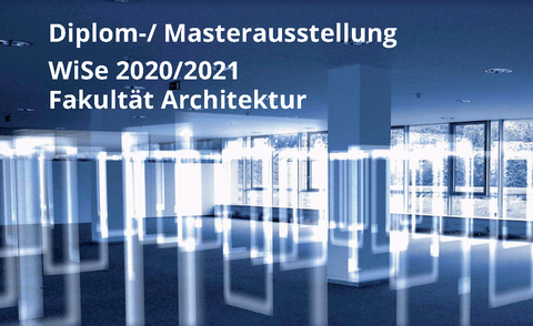 Bild zur Ankündigung der digitalen Ausstellung der Abschlussarbeiten an der Fakultät Architekur, es werden transparente Plakate in einem großem Raum in einer abstrakten Darstellung gezeigt.