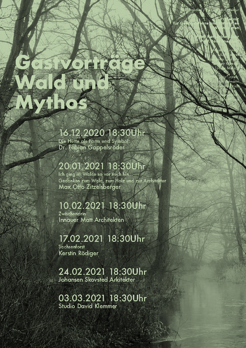 Plakat zur Veranstaltungsreihe Wald und Mythos es ist ein dunkles Moor abgebildet und die Termine zu den Veranstaltungen sind angegeben. 