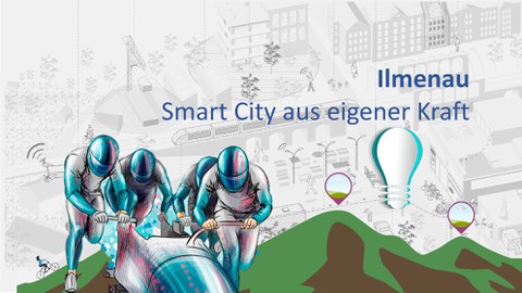 Männer schieben einen Bob, dahinter Symbole für Smart City Technologie