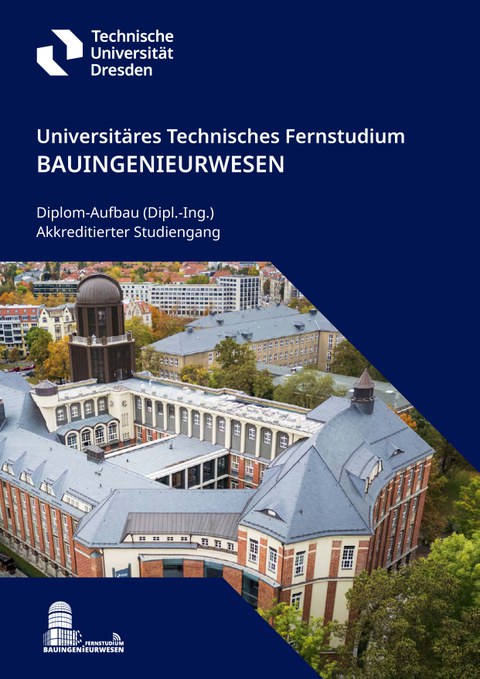 Zu sehen ist das Deckblatt der Infobroschüre des Aufbaustudiums, welches den Beyer-Bau der TU Dresden aus der Vogelperspektive zeigt.