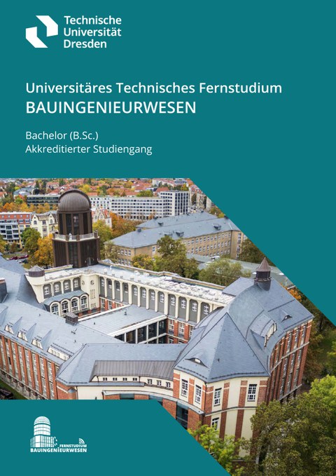 Das Deckblatt der Infoschüre zeigt den Beyer-Bau der TU Dresden aus einer Vogelperspektive.