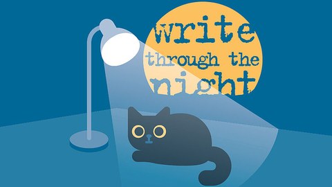 Katze liegt unter einer Leselampe, Schriftzu write through the night