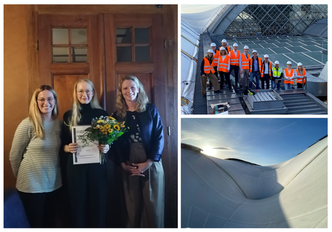 Collage von der Alumni-Hauptversammlung 2022. Ein Bild zeigt das Dach des Dresdner Hauptbahnhofs, ein Bild zeigt die Teilnehmer der Baustellenexkursion und ein Bild zeigt die Preisträgerin des Ernst-Lewizki-Preises 2022 mit den beiden Vorständen des Alumni-Vereins.