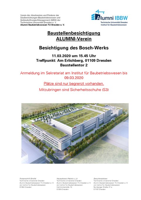 Flyer Ankündigung Baustellenexkursion Bosch