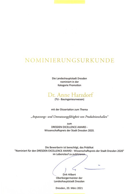 Urkunde Dresden Excellence Award 2020 Harzdorf