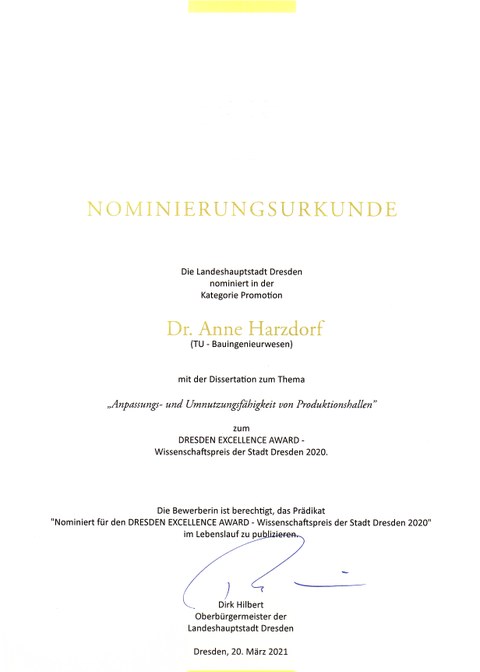 Urkunde Dresden Excellence Award 2020 Harzdorf