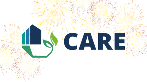 CARE Logo mit Feuerwerk im Hintergrund