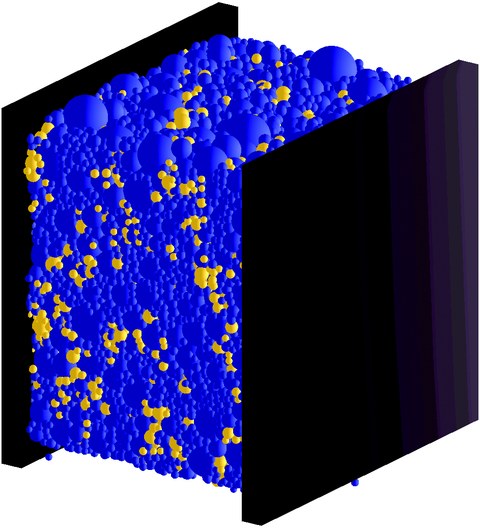 A virtual specimen under pressure: Light-shaded particles have lost contact to one or more of their former contact partners, which may indicate crack propagation.