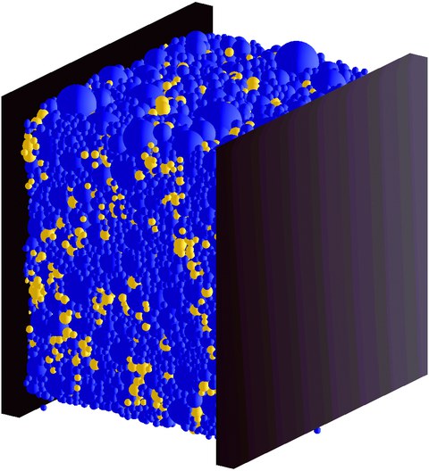 A virtual specimen under pressure: Light-shaded particles have lost contact to one or more of their former contact partners, which may indicate crack propagation.