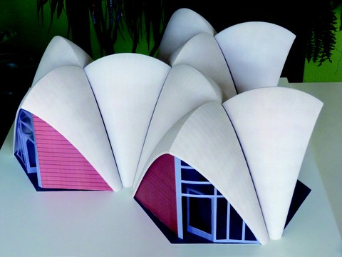 Modell eines Gebäudes aus schalenförmigen Textilbetonfertigteilen