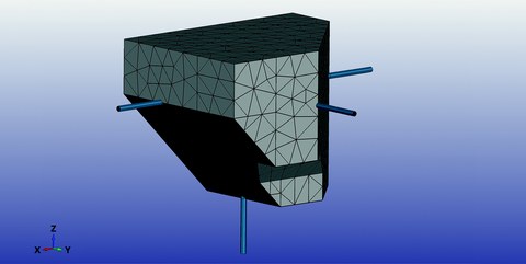 3D-Modell eines Beton-Knotens als Stabwerkmodell mit drei eingebetteten Stäben