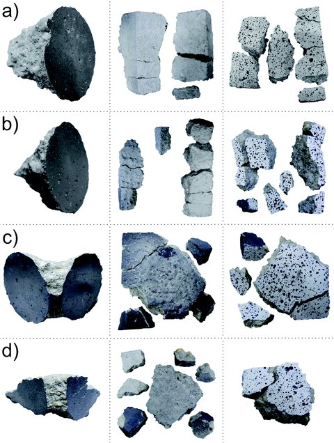 Fractures of cubic specimens after uni- (a, b) resp. biaxial (c, d) compressive tests with lower (a, c) resp. higher (b, d) impact velocity
