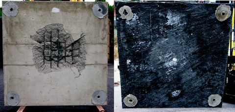 Plattenunterseite nach dem Experiment, links: Stahlbeton, rechts: Stahlbetonplatte mit HS-SHCC und Polymergelege verstärkt