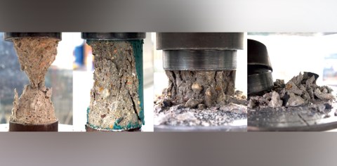 Failure of the concrete specimens: left: dry specimens;  right: water-saturated specimens