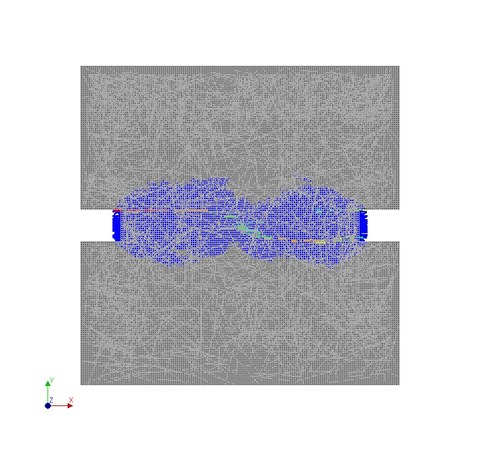 Simulation im Bereich der Kerbe mit Rissmuster für Kerbenmodell unter quasistatischer Zugbelastung 