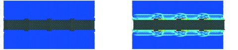 Virtual pull out-test with ca. 9,000 particles before (initial position) and at the beginning of the test, i.e. shortly after the sudden acceleration has been applied to the reinforcement bar. Blue = particles without velocity, red = particles with high velocity