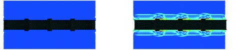 Modellierung eines virtuellen dynamischen Ausziehversuchs mit ca. 9.000 Teilchen vor dem Ausziehversuch (Ruhelage) und zu Beginn des Ausziehversuchs, d. h. kurz nachdem der Bewehrungsstab schlagartig beschleunigt wurde. Blau = ruhende Partikel, rot = Partikel mit hoher Geschwindigkeit.
