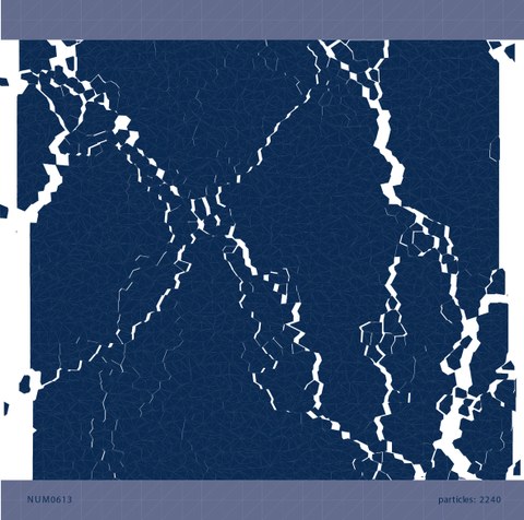 Rissbild in der Simulation eines virtuellen Betonprobekörpers mit 2.240 Partikeln und geringfügig abweichenden Partikelpositionen