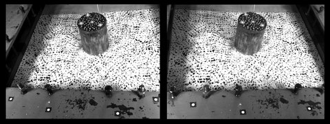 Stereo image of a small scale impact test for material characterisation