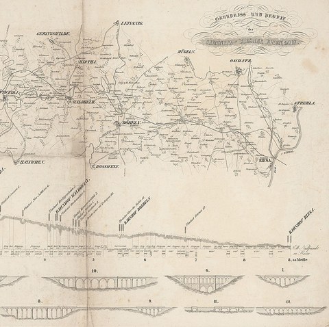 Grundriss und Profil der Chemnitz – Riesaer Eisenbahn mit Brücken (Planauszug)