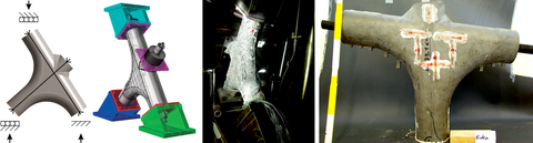 Versuchsaufbau der Knotenprüfung in der Druckprüfmaschnine; links: schematisch mit konstanter Vorspannung und in der 3D-Ansicht mit Auflagern; Mitte: im realen Versuch; rechts: geprüftes Knotenelement