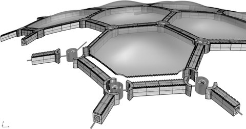 Hexagonales, räumlich gekrümmtes stabwerkintegriertes Flächentragwerk mit Knotenfügung von drei Stäben und Plattenelementen im Gesamtsystem als mögliche Kombination der entwickelten Fügeprinzipien