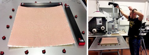 Gekrümmte GFK-Schichtverbundplatte mit codierten Messmarken (links) und Versuchsaufbau des optischen Formänderungsanalysensystems ARGUS (rechts)