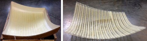 Polymergebundene Stabilisierung von 3D-Gewirken (Links: mit duroplastischem Harzsystem gecoatetes, biegeweiches 3D-Gewirke in vorgespannter, flexibler GFK-Schalung; rechts: stabilisiertes 3D-Gewirke)