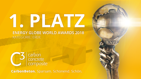 Bild zeigt eine Bildretusche mit dem Energy Globe World Award 2018, dem Logo des C3 Konsortiums und dem Schriftzug 1. Platz