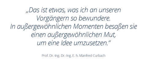 Grafik mit Text zeigt ein Zitat von Prof. Manfred Curbach: „Das ist etwas, was ich an unseren  Vorgängern so bewundere.  In außergewöhnlichen Momenten besaßen sie einen außergewöhnlichen Mut, um eine Idee umzusetzen.“