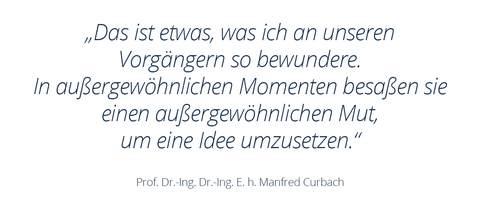 Graphic with text shows a quotation from Prof. Manfred Curbach: "That is something I admire so much about our predecessors.  In extraordinary moments, they possessed extraordinary courage to implement an idea."