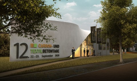 Picture shows a visualization of the planned building made of carbon reinforced concrete with the lettering of the 12th carbon and textile concrete days