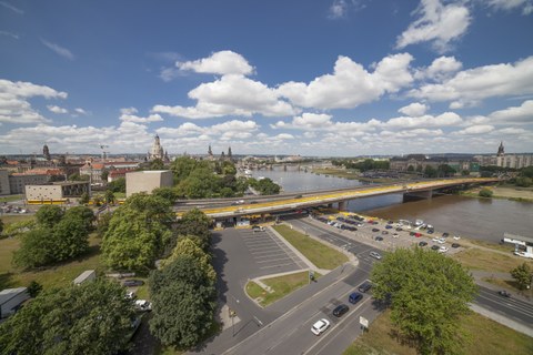 Photo shows a wide angle view of the Carola Bridge Dresden from an elevated position