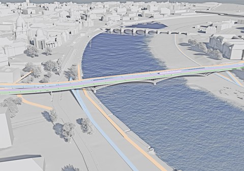 Eine 3D-Visualisierung des Gewinnenentwurfes "Plan C" zur Gestaltung einer „ressourceneffizienten Elbquerung am Beispiel der Carolabrücke