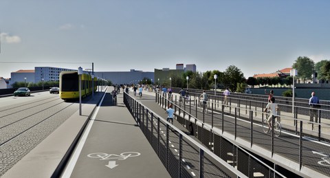 Eine 3D-Visualisierung des Gewinnenentwurfes "Plan C" zur Gestaltung einer „ressourceneffizienten Elbquerung am Beispiel der Carolabrücke