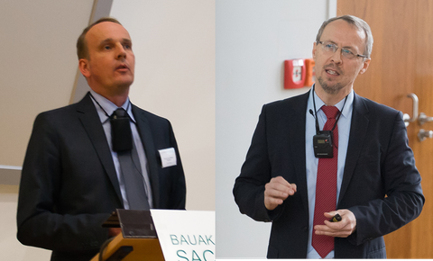 Bild 2: Vorträge im Block 1 – Prof. Dr. Markus Feldmann (RWTH Aachen) und Prof. Dr. Richard Stroetmann (TU Dresden)