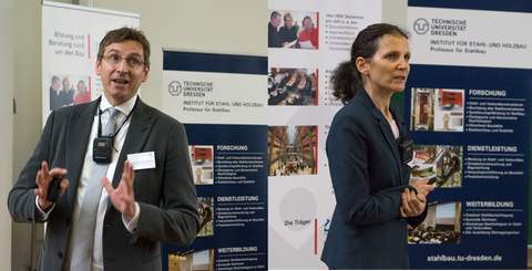 Bild 6: Prof. Dr. Markus Knobloch (Ruhr-Univ. Bochum) und Dr. Regine Schneider (KREBS+KIEFER Ingenieure) erläutern die Bemessung von Stahl- und Verbundkonstruktio-nen für den Brandfall