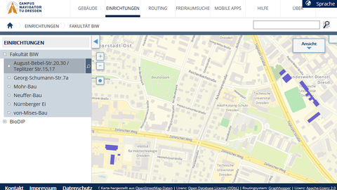 Screenshot Campus Navigator Einrichtungen