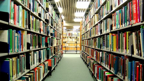 Foto zweier sich gegenüberstehender Regale, die mit Büchern gefüllt sind. In der Mitte ist ein Gang.