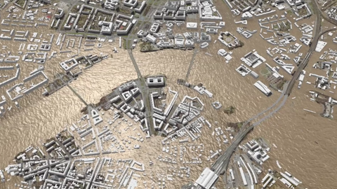 Ergebnisdarstellung einer Hochwassersimulation im digitalen Stadtmodell