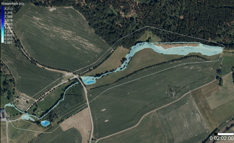 Numerische Simulation einer Hochwasserwelle am Wiesengrundbach aus der Vogelperspektive