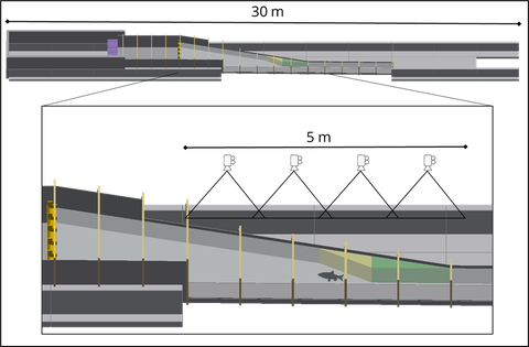 The upper part of the image shows an isometric view of the entire flume, the lower part zooms in on the observation area, four cameras are shown above the flume, two installations for the test setups are shown in different colours, a fish is shown in fron