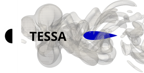 Ein horizontaler Schnitt des Versuchsdesign aus angeströmten Halbzylinder (schwarz) und dahinter befindlichem fischähnlichen Körper (blau) wird abgebildet. Zusätzlich werden die Wirbelstrukuren als graue Strukturen dargestellt. Die wirbeldominante Strömun