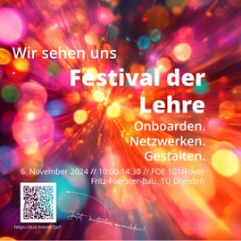 Der Schriftzug "Wir sehen uns - Festival der Lehre" ist vor bunten Lichtern im Hintergrund zu sehen. 